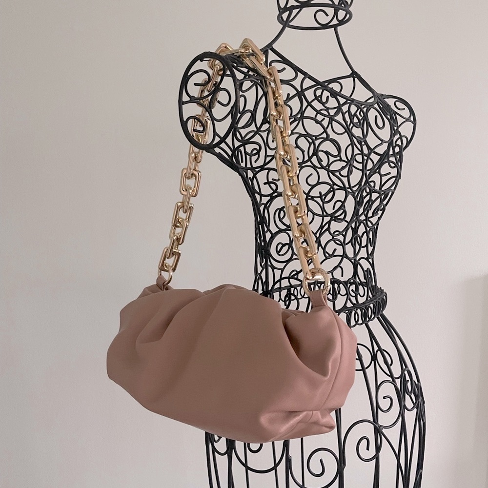 Bottega inspired Beige Dumpling Bag with Gold Chain.